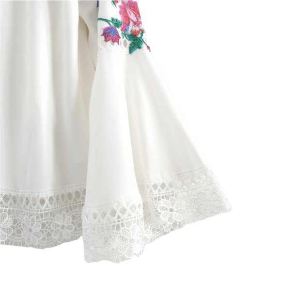 Tadashi Shoji Koa Floral Embroidered White Crepe Bell Sleeve Blouse Size Large - Picture 9 of 14